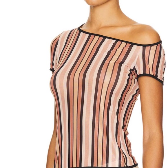 Miaou Brown and Tan Striped Off-Shoulder Blouse - Picture 1 of 7